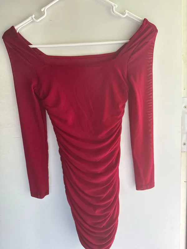 red off-the-shoulder long-sleeve ruched bodycon mini dress - Image 2