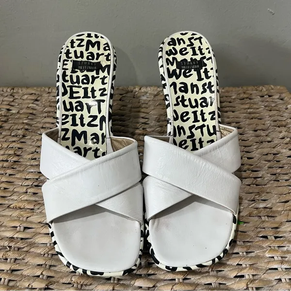 Stuart Weitzman New Black & White Leather‎ Graffiti Print Logo Sandal Wedge 9.5 - Image 3