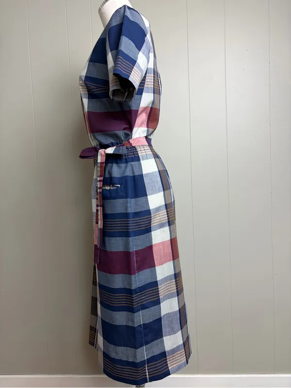 Vintage 60s 70s Nancy Greer New York Plaid Belted Midi Dress Small - Image 3