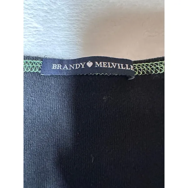 Brandy Melville Black V-Neck Tee Lime Green Contrast Stitch MD034E-Z166 Slim Fit - Image 3
