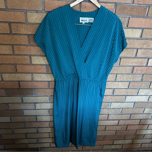 Vintage 70s/80s Leslie Fay Teal 2 Piece Midi Dress & Cover Striped Size 12 - Image 3