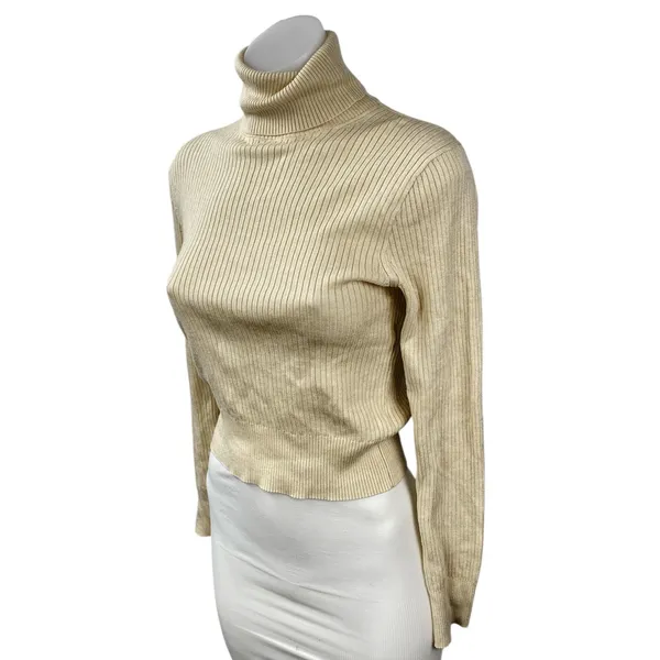 J.Crew Women's Cream Ribbed Knit Turtle Neck Long Sleeve Crop Sweater Top Sz S - Image 3