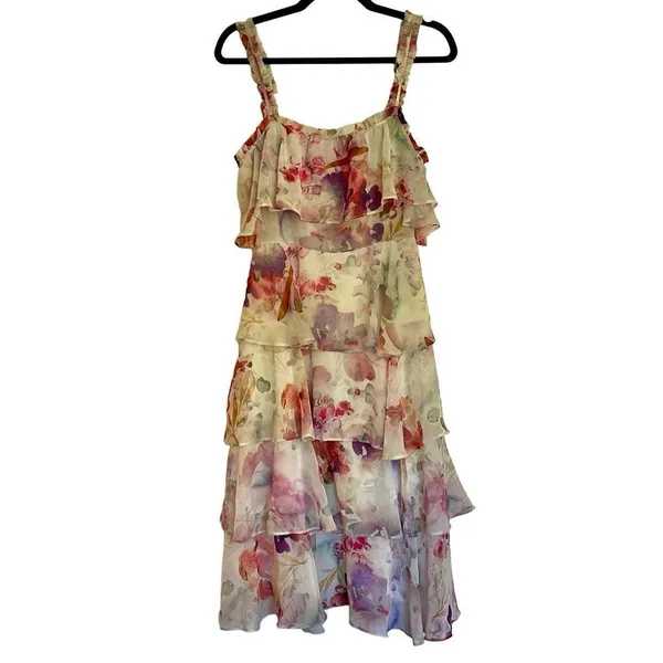 Storia ruffled tiered chiffon floral dress size m - Image 2