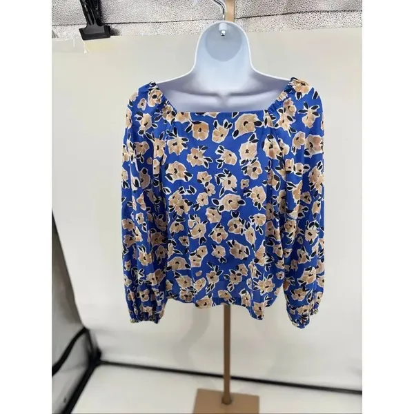 Ann Taylor Floral Square Neck Puff Sleeve Top Womens S Blue Tan Office Bohemian - Image 9