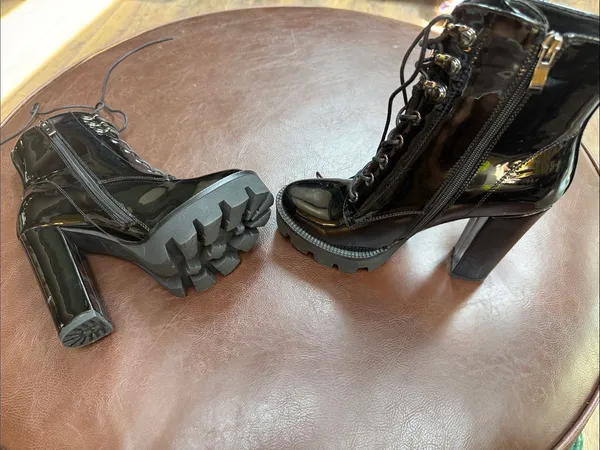 Patent Leather Black Lug-Heel Lace-Up Ankle Boots - Image 2