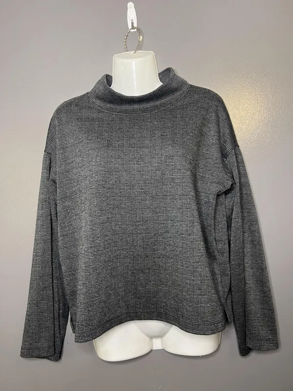 Madewell Blouse Womens Small Gray Check Mock Neck Long Sleeve Stretch Top - Image 2