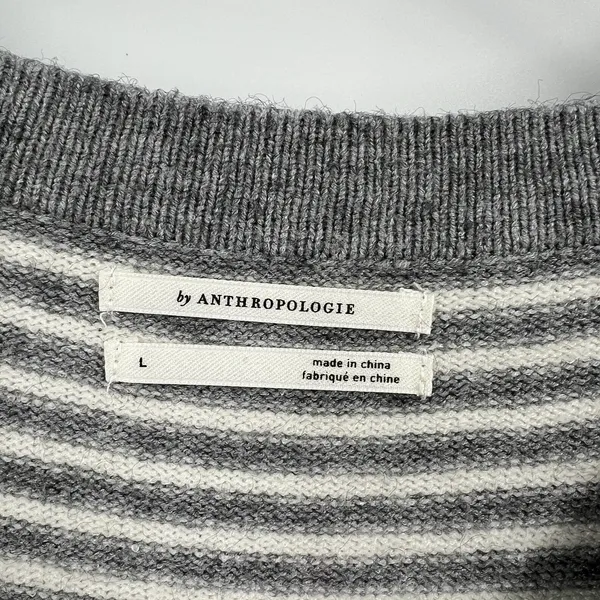By Anthropologie Sweater Women's Large Serena Striped Button V-Neck‎ Gray Cream - Image 9
