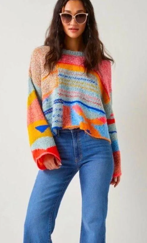 Sincerely Jules Multicolor Abstract Wool Blend Knit Oversized Cropped Sweater - Image 2