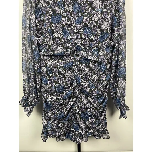 Vici Blue Purple Black Floral Ruched Long Sleeve Chiffon Mini Dress Size L‎ - Image 3
