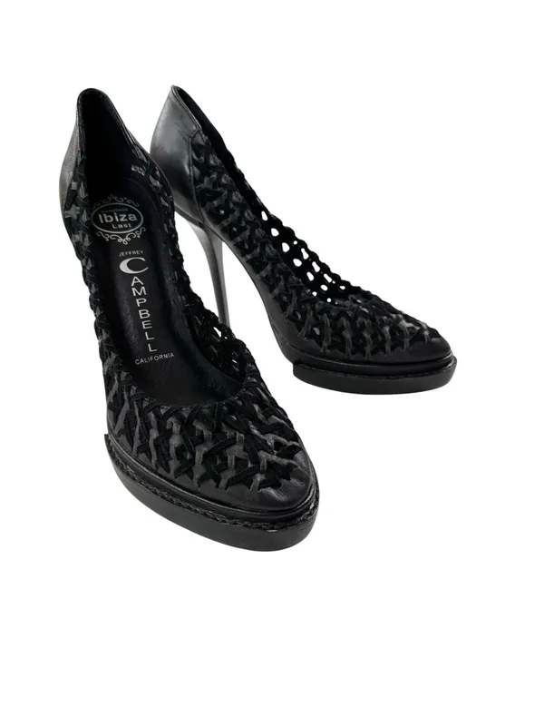 NWT Jeffrey Campbell Black Leather Woven Cutout Platform Stiletto Pumps Size 7 - Image 8