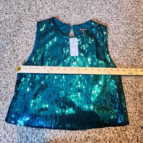 Express Womens Teal Green Sequin Sleeveless Crop Top Blouse XS New‎ With Tags - Image 4