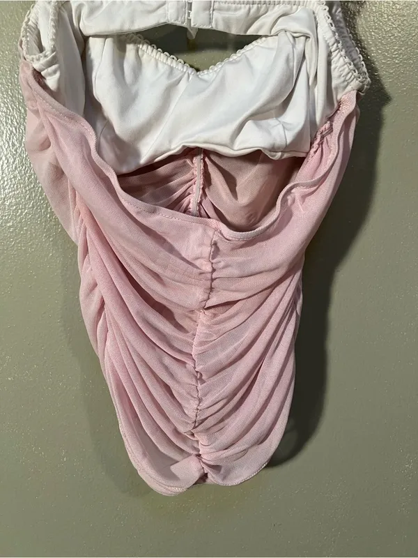 Women's Ruched Corset Cami Tank Top Light Pink White Semi-Sheer Sweetheart Neck - Image 8