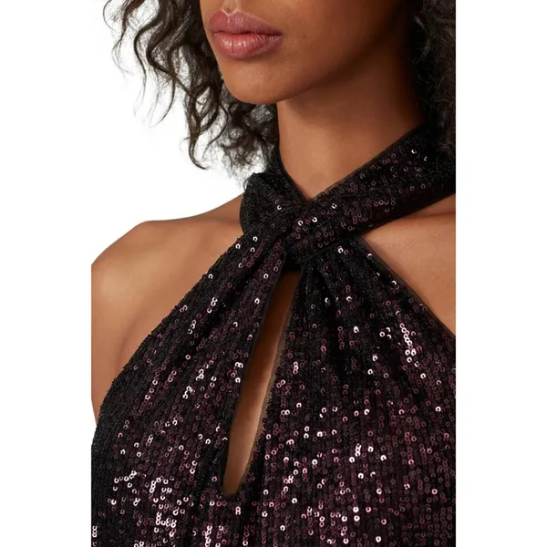 Parker Dallas Sleeveless Twist Halter Lined Burgundy Sequined Top Size Medium - Image 6