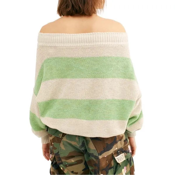 Free People Cassidy Off the Shoulder Pullover‎ Sweater Green Stripe Relaxed - Image 3