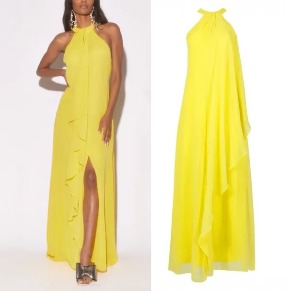 NWT Meghan LA Aphrodite Maxi Dress Size Medium Yellow Halter Ruffle Slit Gown - Image 10