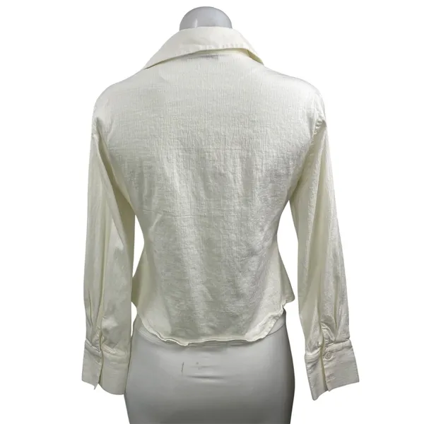Zara Womens White Linen Long Sleeve Ruched Collared Button Down Shirt Top Size L - Image 3