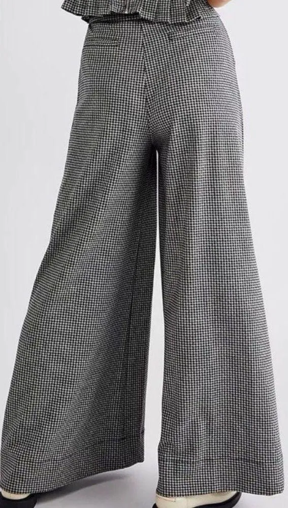 Free People Josie Houndstooth Wide Leg Pants Trousers Black White High Rise Boho - Image 2