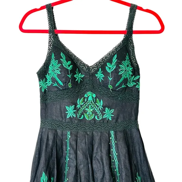 Vintage Sue Wong Linen Midi Dress Beaded Embroidery Summer Party Vacation - Image 3