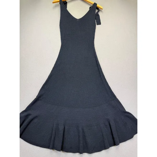 Club Monaco Womens Navy Blue Ribbed Linen Blend Tie Shoulder‎ Midi Dress Size M - Image 11