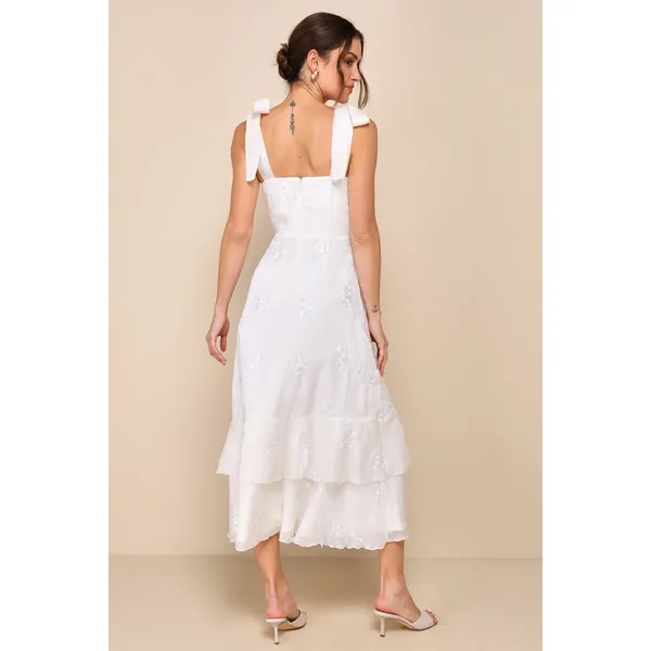 NWT Lulus Elegant Direction Ivory Embroidered Ruffled Tie-Strap Midi Dress Sz XL - Image 3