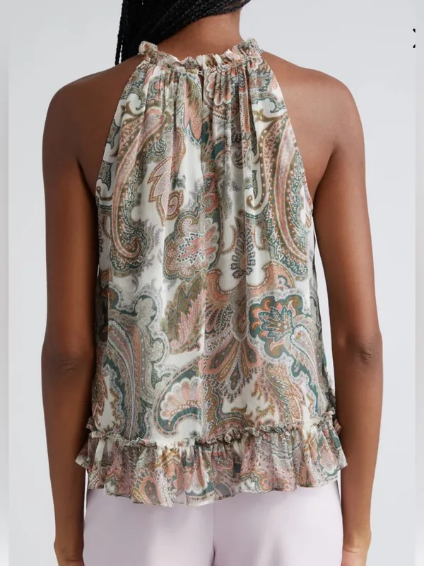 Veronica Beard 100% Silk Paisley Halter Tank - Green, Cream, Coral Size 8 - Image 2