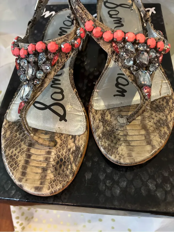 Sam Edelman Coral Beaded T-Strap Sandals with Animal-Print - Image 4
