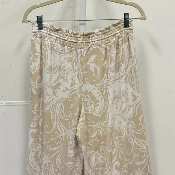 Ellen Tracy Floral Paisley Wide Leg Lounge Pants Smocked Waist Large Tan White - Image 3