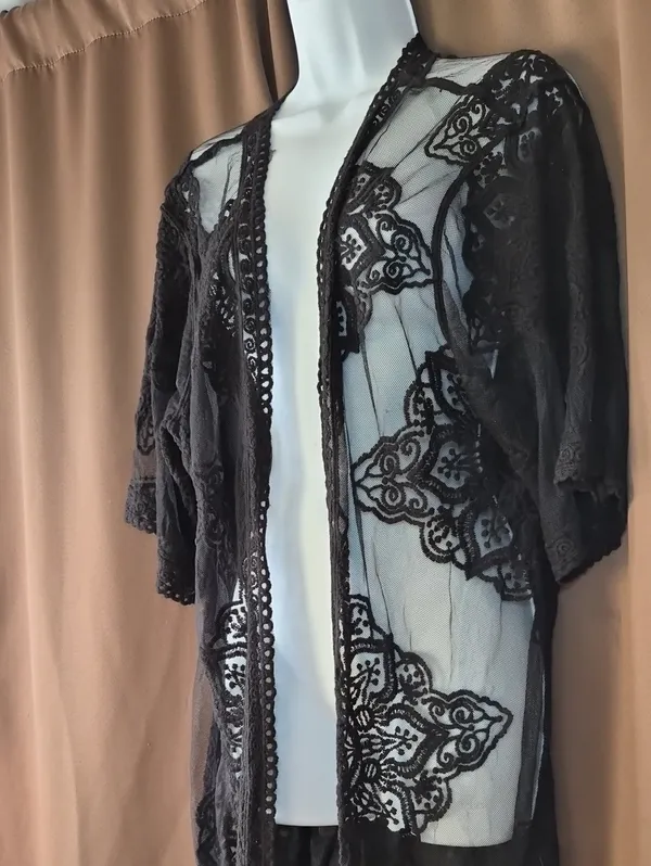 Black Sheer Boho Pullover Lace Kimono Robe Womens Top Flowy Sku 0010 - Image 2