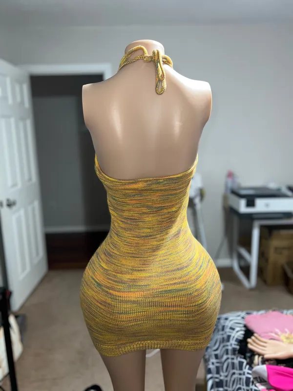 Yellow and orange mini bodycon crochet dress #bodycon #minidress - Image 6