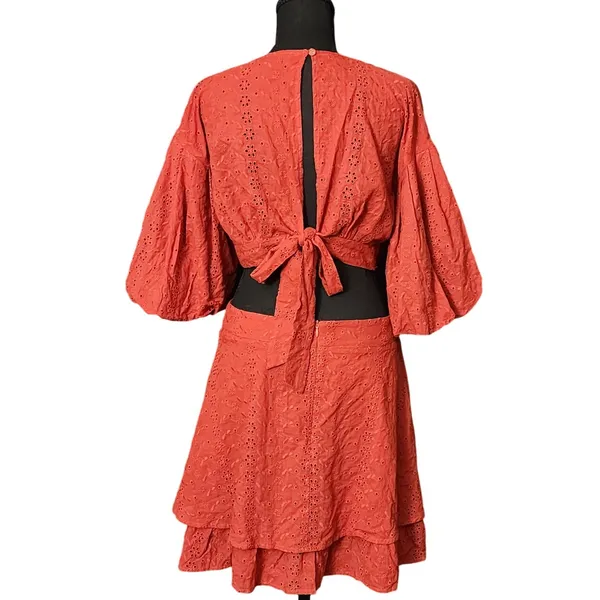 VICI Rust Orange Eyelet Dainty Tiered Cut Out Mini Dress‎ Puff Sleeves, Large - Image 8