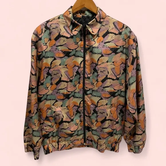 Funky vintage pastel earth tones silk Oleg Cassini track jacket pockets - Image 2