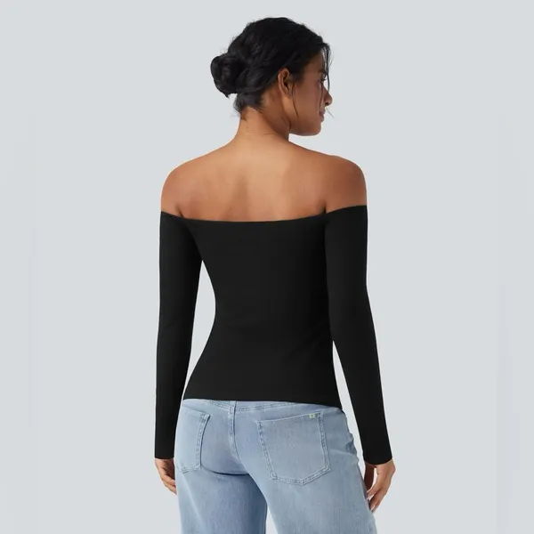 Halara Ribbed Knit Off-Shoulder Long Sleeve 2-in-1 Casual Top NWOT - small - Image 5