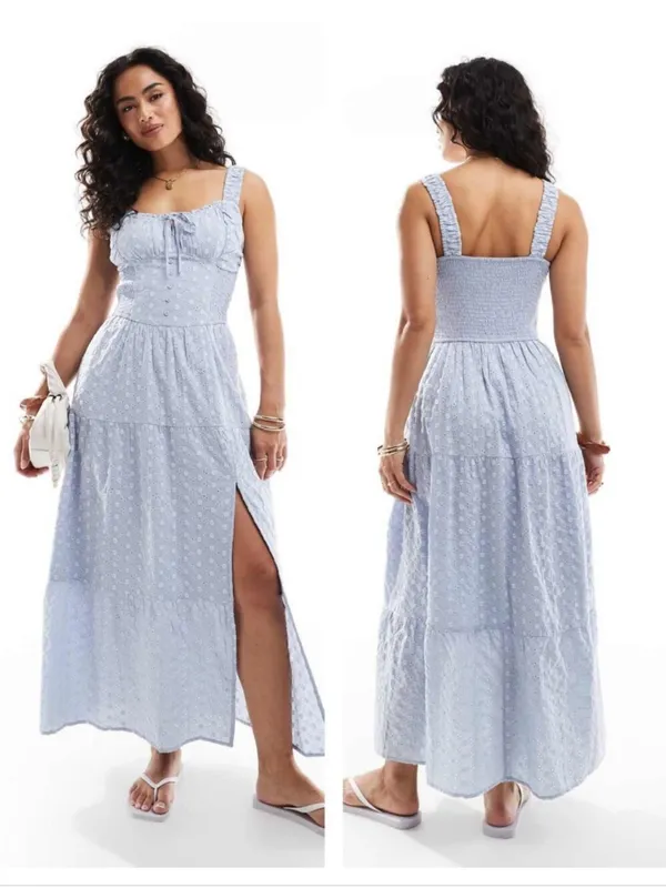 Hollister Sophia Blue Sweetheart Neck Smocked Embroidered Maxi Sun Dress Medium - Image 2