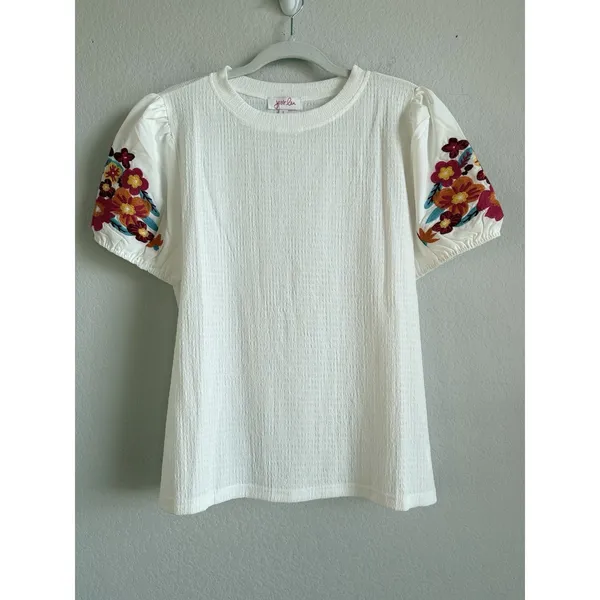 Jess Lea Top Women's Large‎ White Sand Embroidered Puff Sleeve Peasant Blouse - Image 4