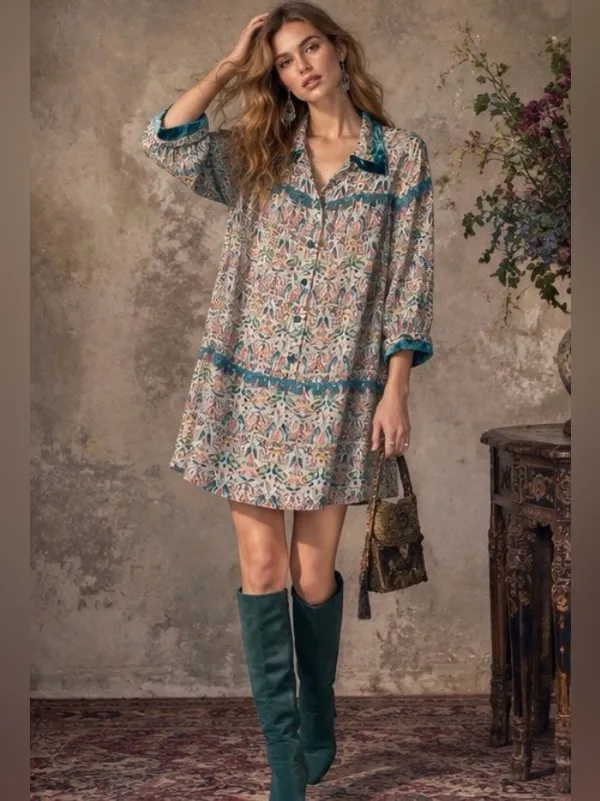 Anna Sui Boho Velvet Trim Printed Tunic Mini Dress - Long Sleeve Button Front L - Image 8