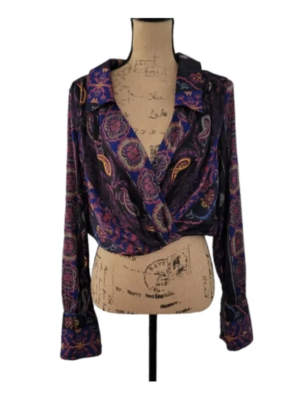 $98 NWOT Free People Lana satin wrap 70s inspired blouse M - Image 2