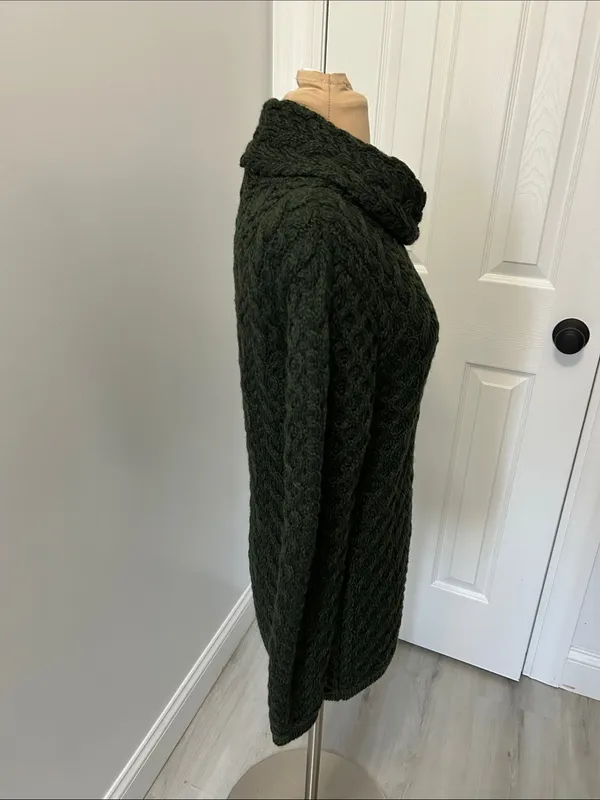 Aran Mor Merino Wool Cableknit Cowl Neck Sweater Dark Green - Image 3