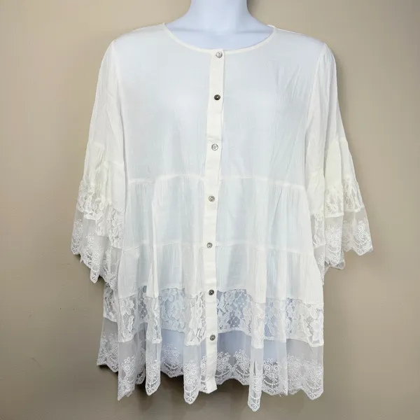 Oddi White Lace Tunic Blouse Boho Tiered Bell Sleeve Button Down Plus Size 1X - Image 10