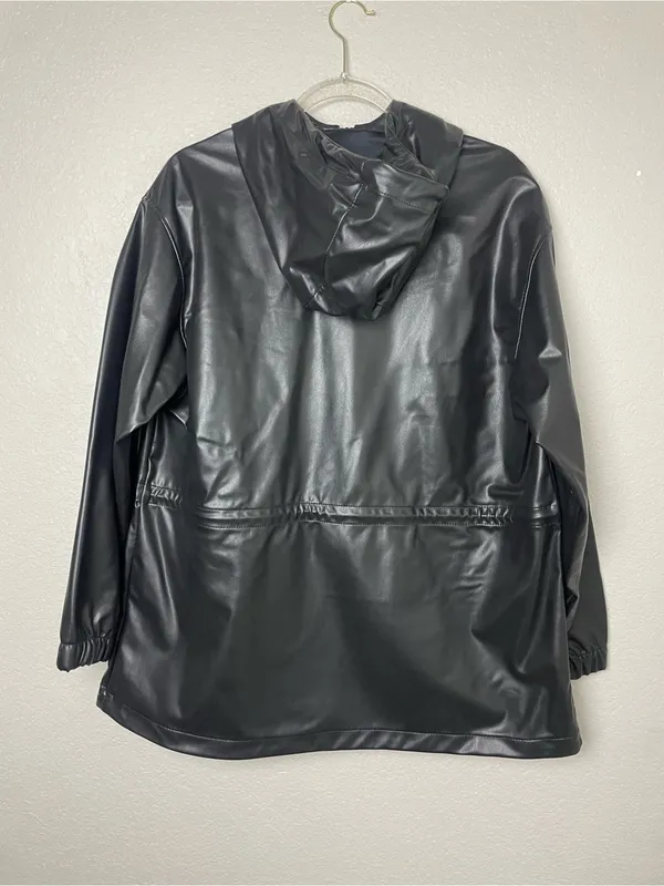 H&M Divided Oversized Black Faux Leather Hooded Anorak Utility Jacket Size L - Image 8