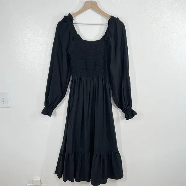 August Sky Smocked Maxi Dress S Black Long Sleeve Square Neck Cottagecore‎ Boho - Image 4