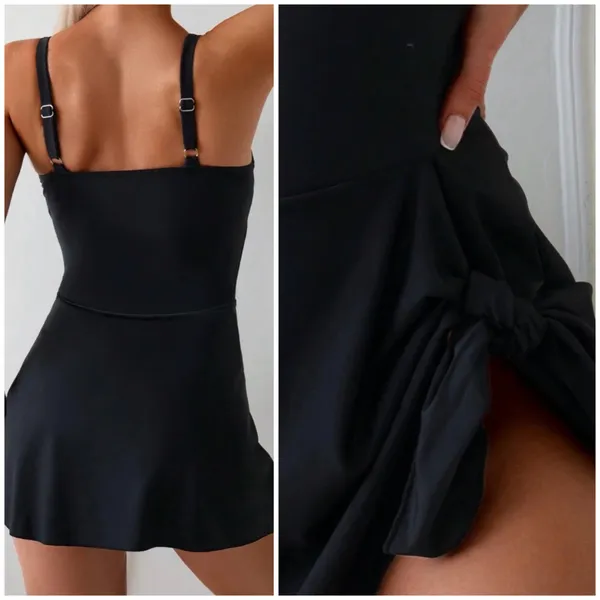 SheIn Black Scoop Neck One Piece Swimsuit with Skirt Medium - Image 6