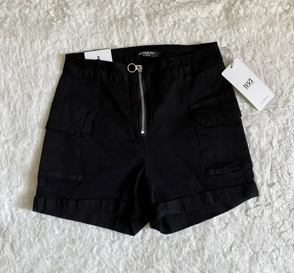 High Waist Zipper Side Pockets Cargo Shorts Black - Image 2
