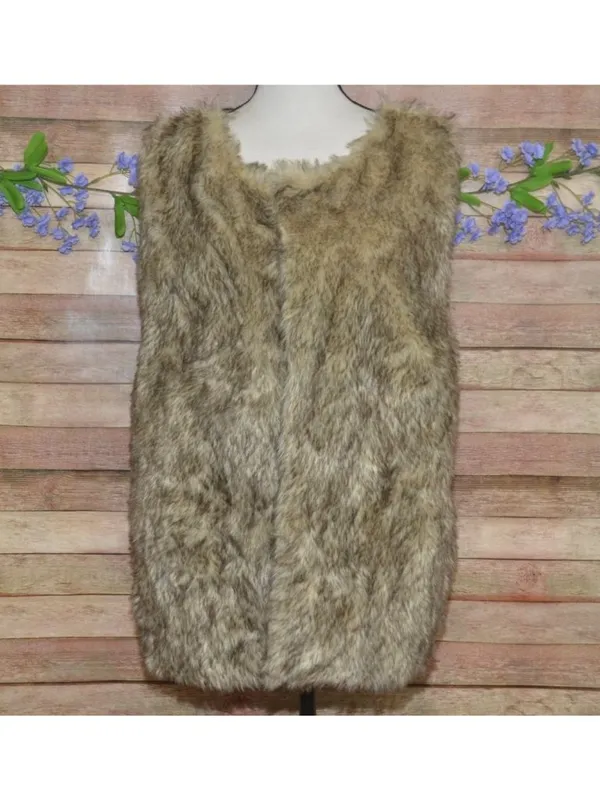 Brown Faux Fur Vest Womens L Black Sweater Knit Back Boho Western Open Front - Image 4