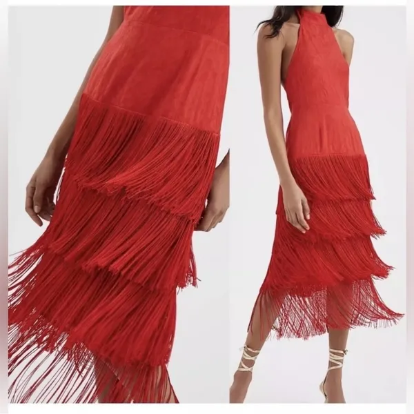 Anthropologie Solid Fringe Halter Maxi Dress Red Size 12 - Image 3