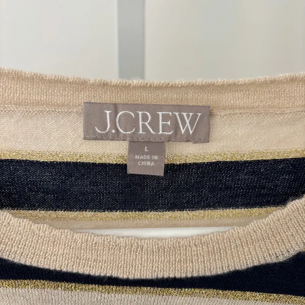 J. Crew EUC Women's Metallic Stripe Merino Wool Ruffle Sleeve Sweater Size L - Image 5