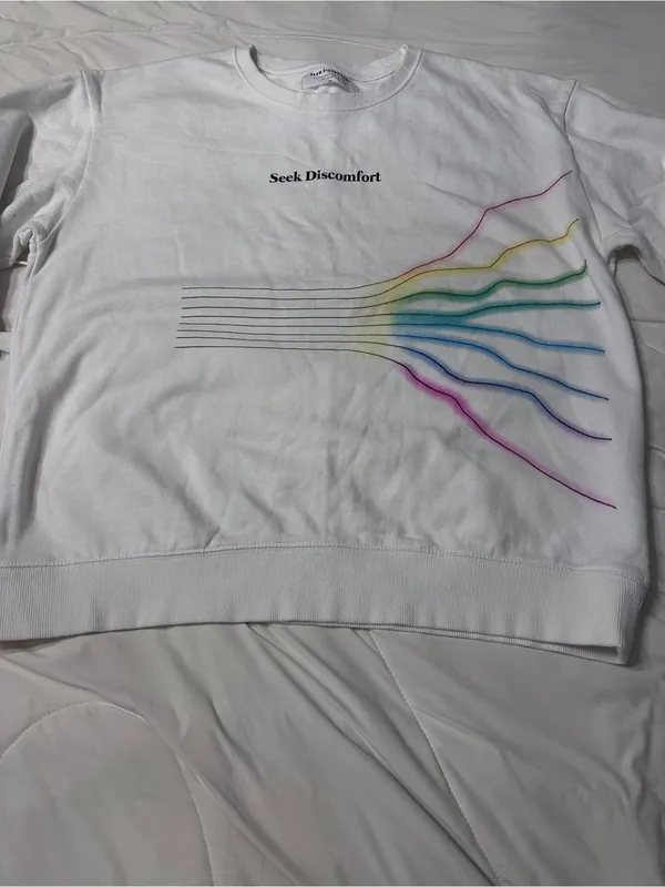 Seek Discomfort Women's Cream Graphic Sweatshirt with Rainbow Detail - Size XL - Image 5