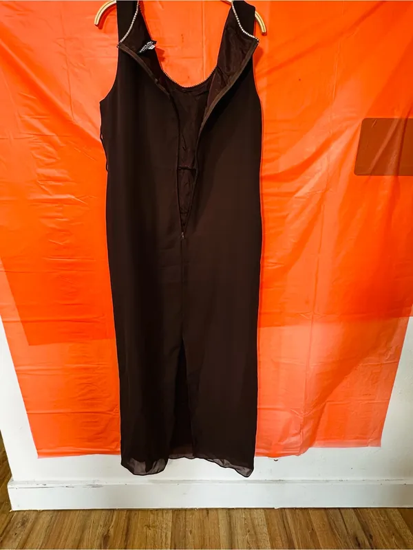Onyx Nite Brown V-Neck Maxi Dress with Rhinestone Trim - Image 9
