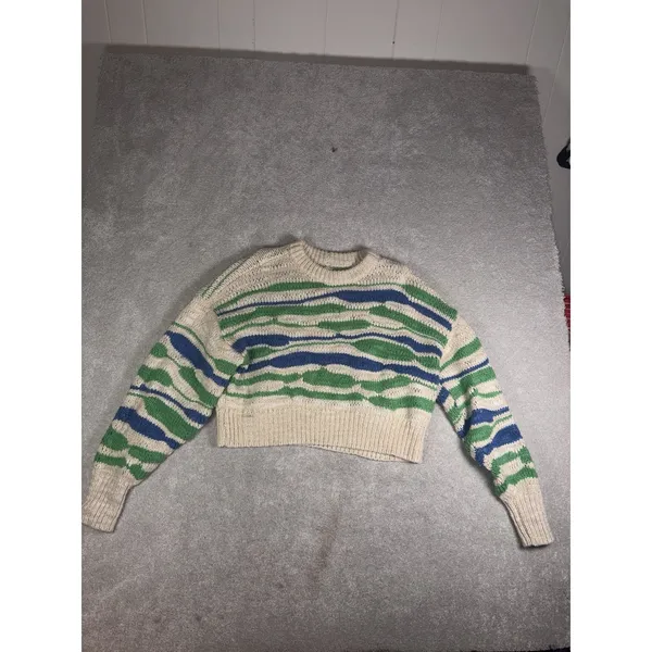 Aerie Women's M Cream Green Blue Wavy Stripe Cropped Knit Sweater Wool Blend - Image 2