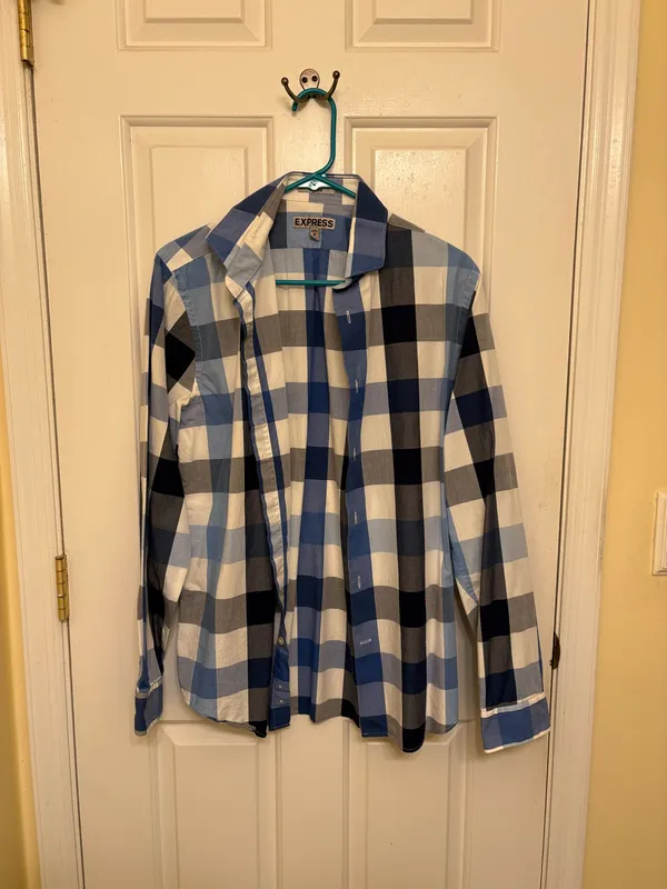 Express Men's Business Blue & White Checkered Plaid Button Down Dress Shirt - Image 3