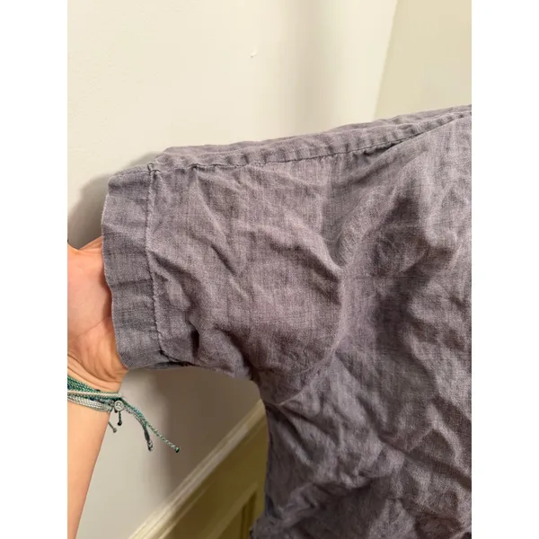Eileen Fisher Washed Organic Linen Short Sleeve Button Up Top Grey Purple - Image 2